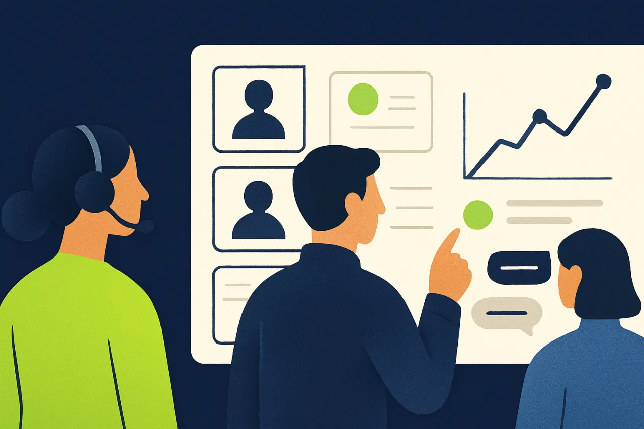 Team analyseert klantprofielen en interacties op een dashboard