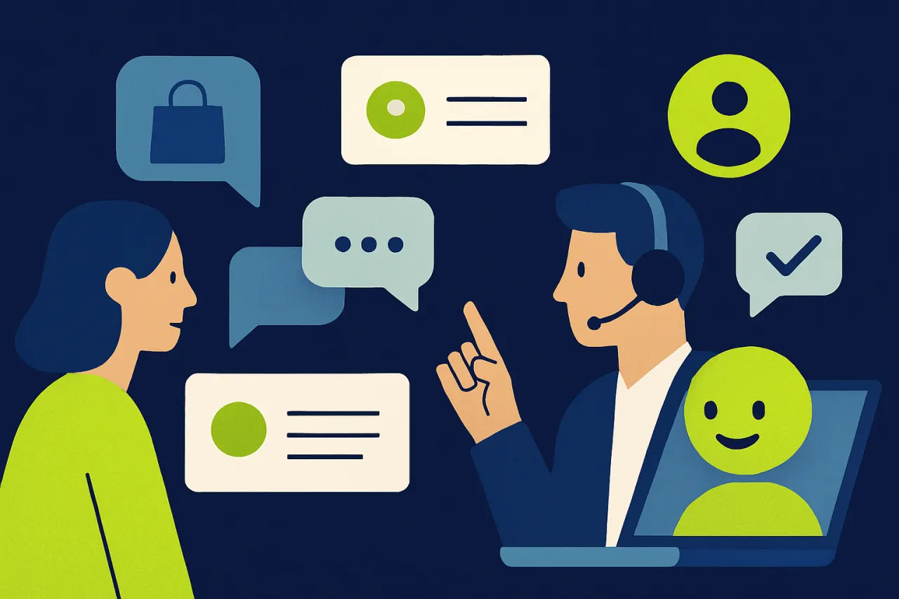 Klantprofiel met orderhistorie en eerdere gesprekken op een scherm