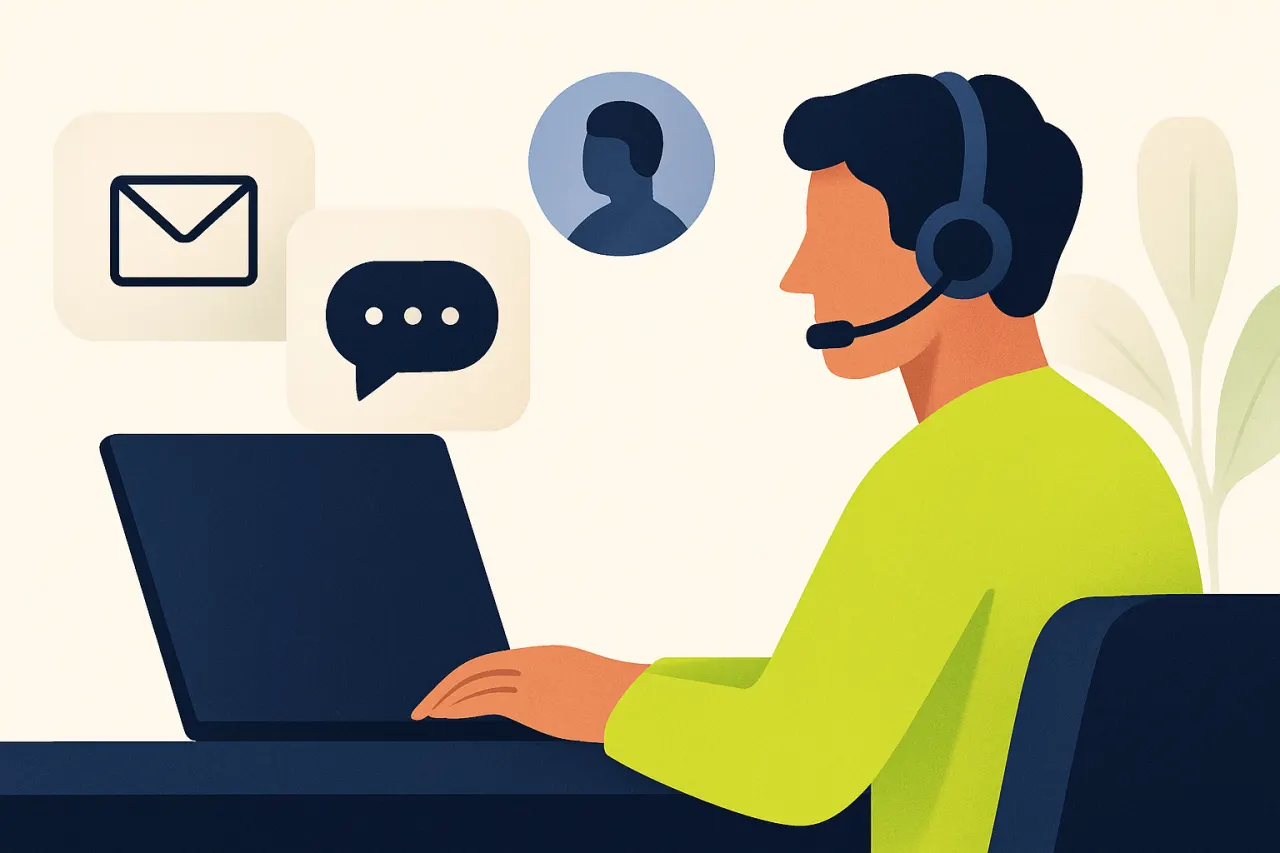 Medewerker met headset beantwoordt een klantvraag achter een laptop