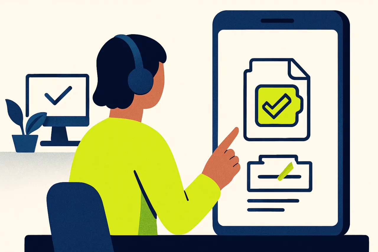 Medewerker beoordeelt een gesloten ticket op een mobiel scherm