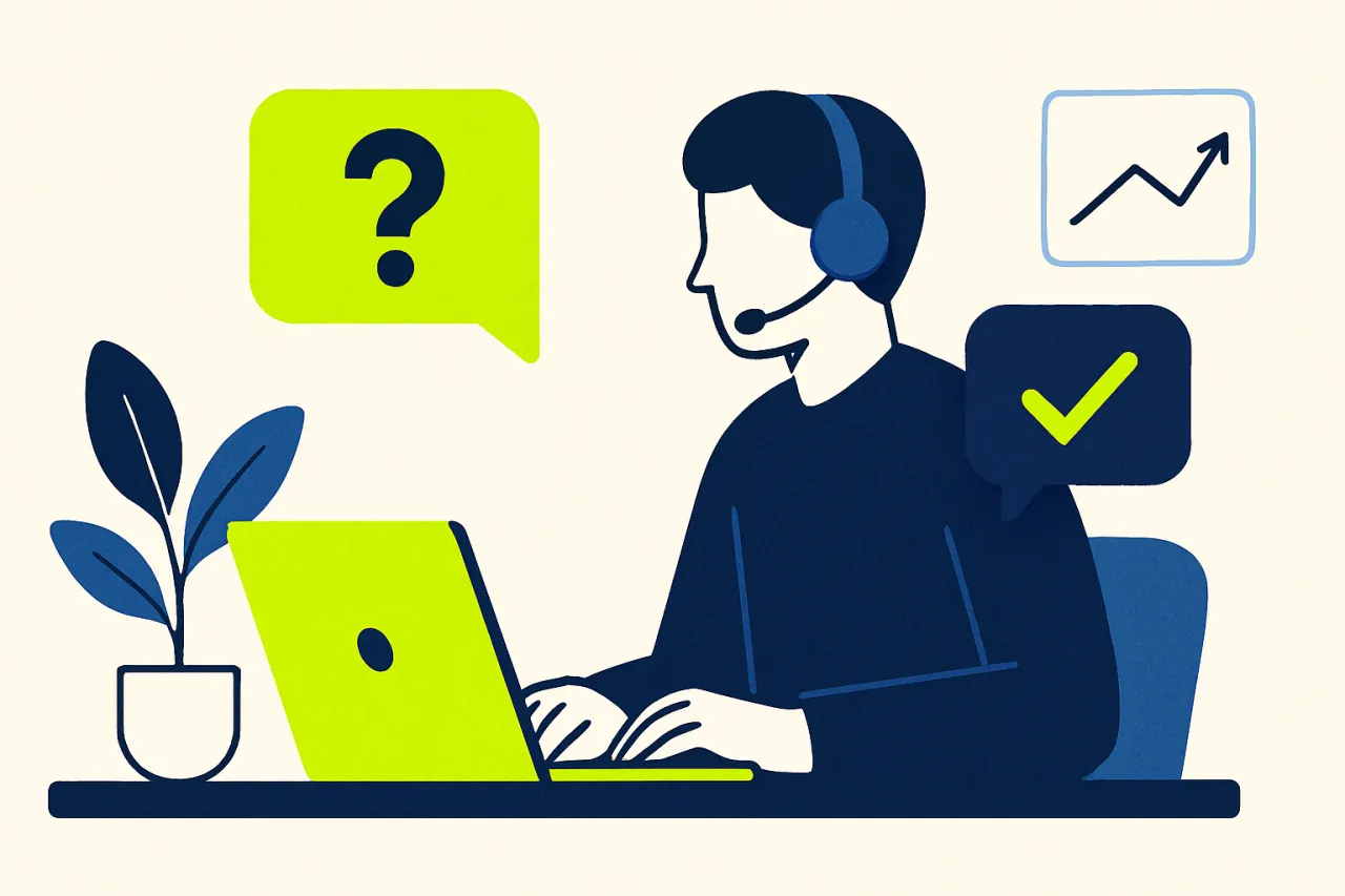 Servicemedewerker beantwoordt vraag op laptop